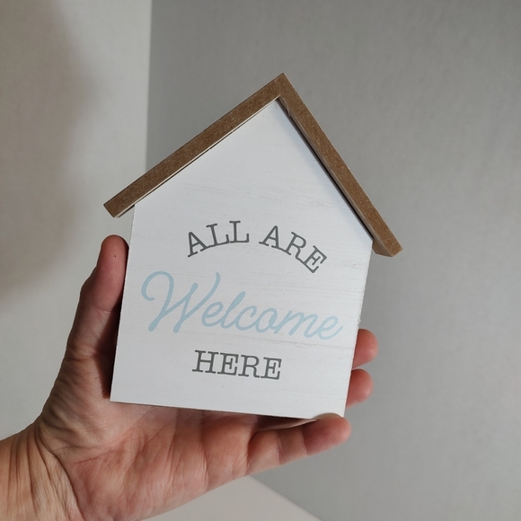 All Are Welcome Here Tabletop Home Decor Sign Plaque Freestanding White Blue - Picture 3 of 5